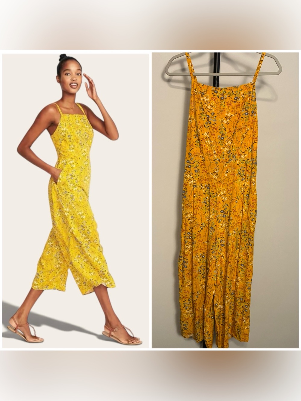 Old Navy Yellow Floral Midi Jumpsuit Cropped Wide Leg Pockets Size Medium